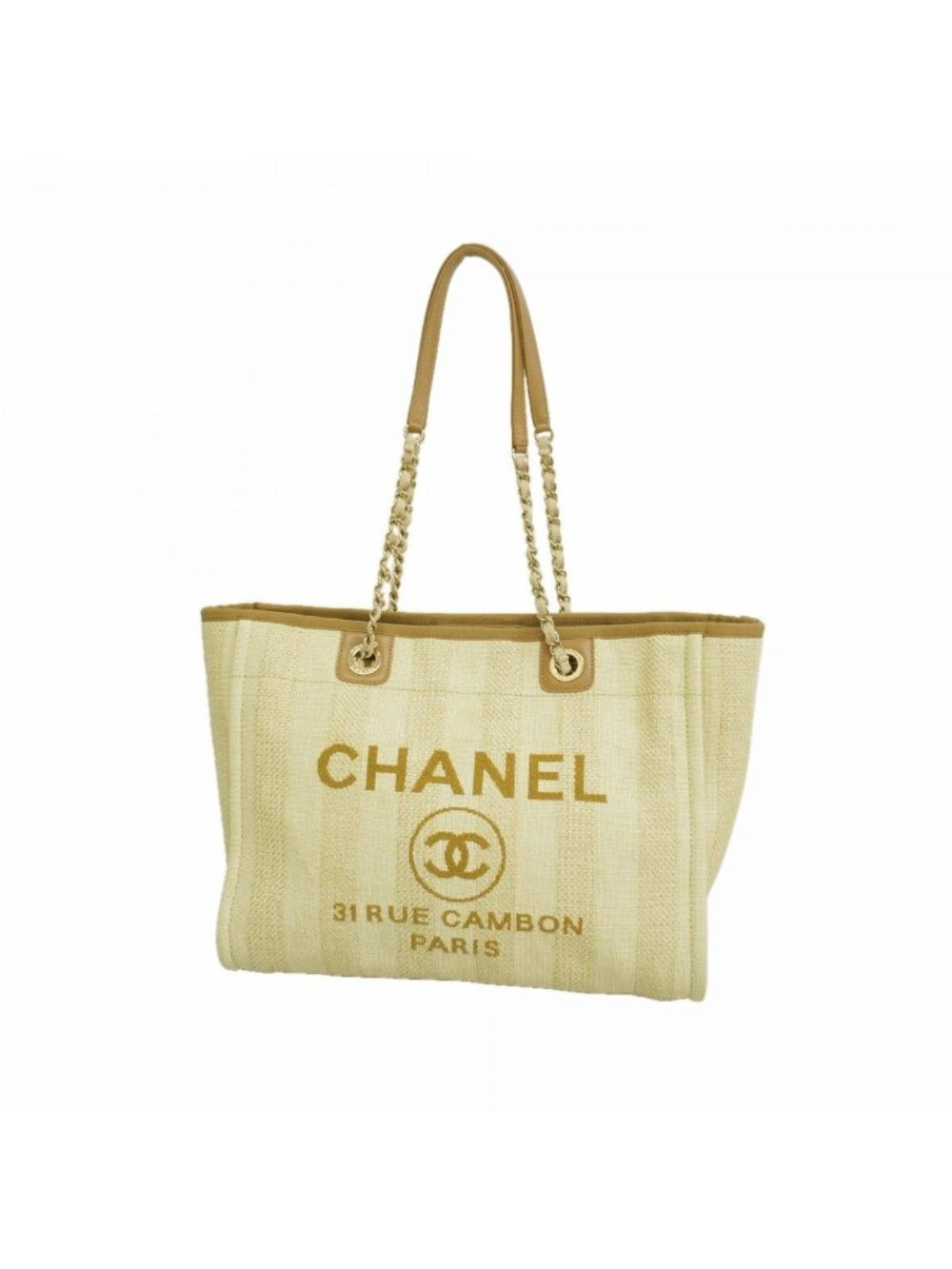 Chanel Chain Tote Deauville Straw Beige Champagne Gold